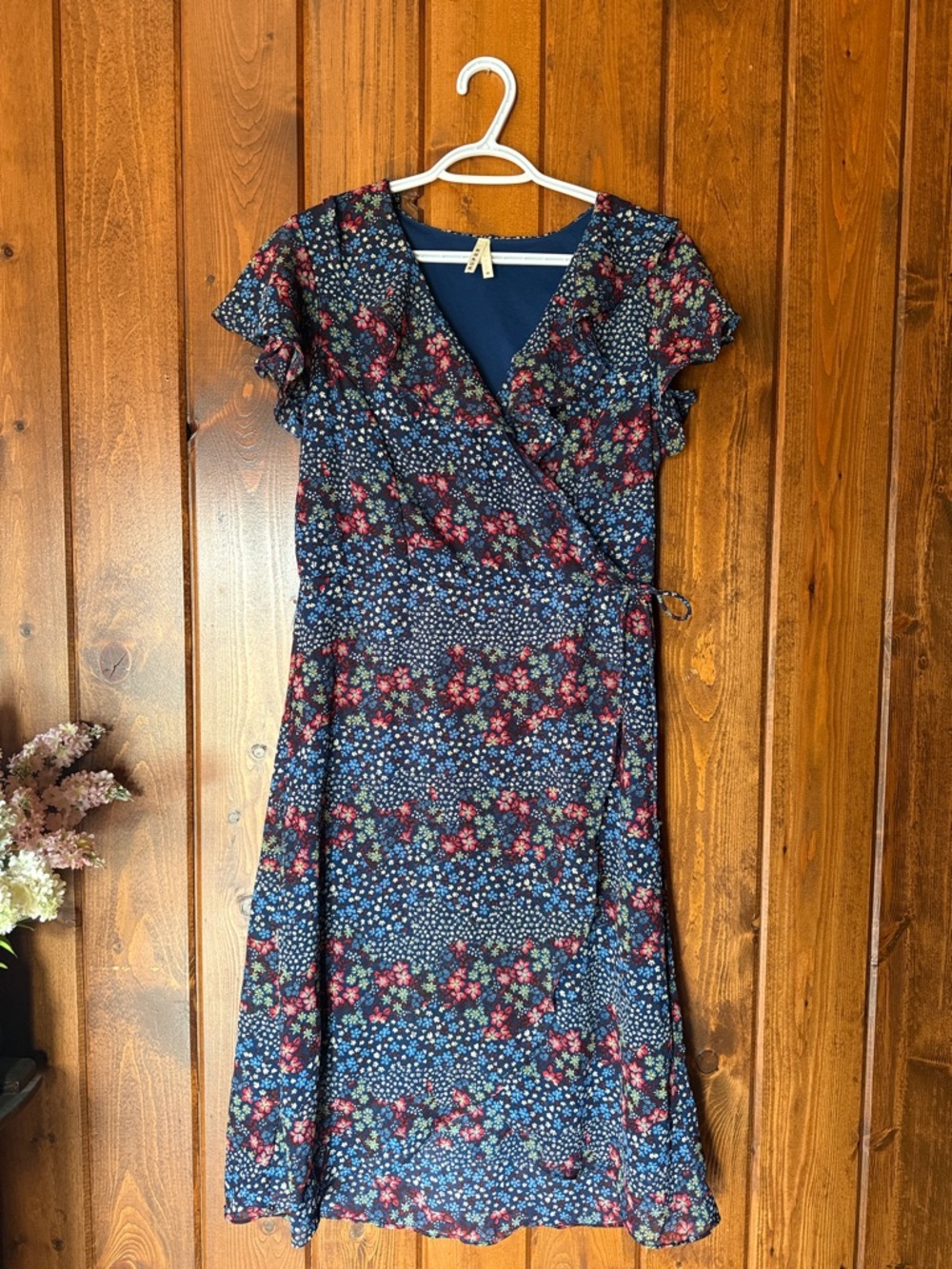 Roper Navy Floral Wrap Midi Dress with Pink Accents